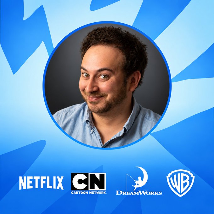 A promotional graphic featuring a smiling man in a blue shirt in a circular portrait, with logos for Netflix, Cartoon Network, DreamWorks, and Warner Bros below.