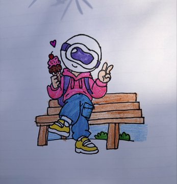 A colorful drawing of an astronaut in a pink hoodie and blue jeans sitting on a wooden bench, holding an ice cream cone and making a peace sign.