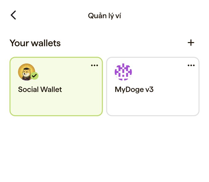 A wallet management screen titled 'Quản lý ví' displays two wallets: a green 'Social Wallet' with a Bored Ape-style icon and a white 'MyDoge v3' wallet with a pixelated purple icon.