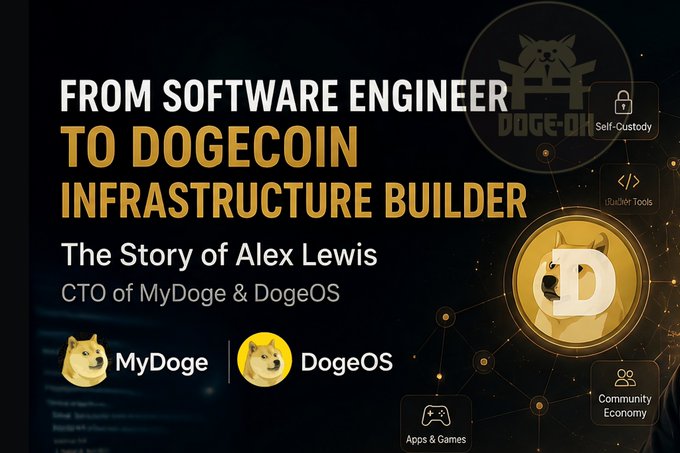 The image features a poster with a black background that displays information about Alex Lewis, who has become known as "DogeOS" due to his role in transforming Dogecoin into an ecosystem. The poster includes text that reads "From software engineer to infrastructure builder", and it also shows two yellow dogecoins on the poster.
