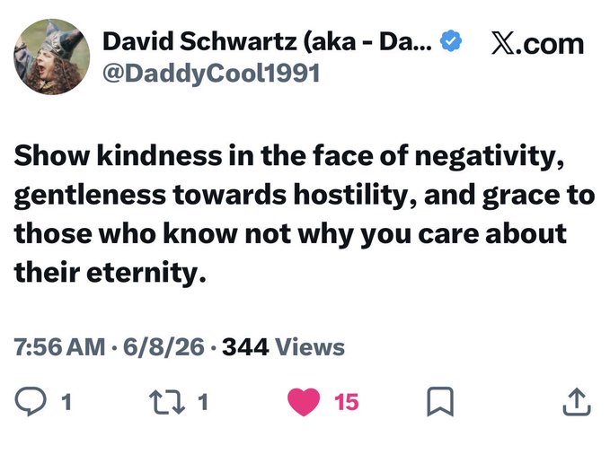 The image features a Twitter post with a quote from David Schwartz about kindness, which reads "Show kindness in the face of negativity, gentle towards hostility, and grace to those who know not why you care about their eternity." The post includes a heart icon at the bottom that says "15 views".