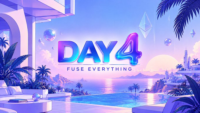 A vibrant, futuristic tropical scene with purple and blue hues displaying large text 'DAY 4 - FUSE EVERYTHING' along with an Ethereum logo.