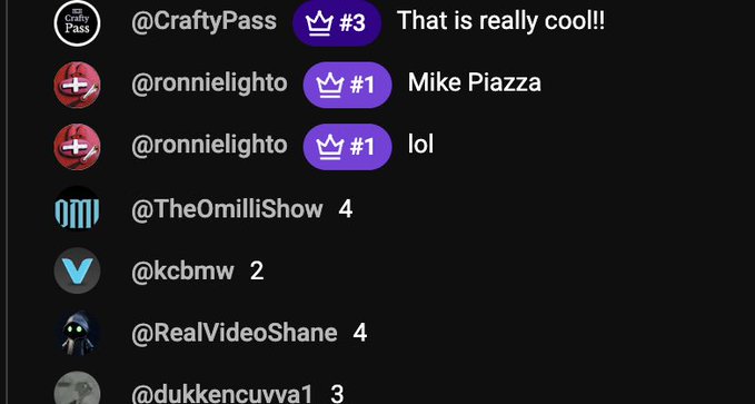 A Twitch chat display shows various users' messages with their crowns/points indicators, including @CraftyPass (#3) saying "That is really cool!!", @ronnielighto (#1) writing "Mike Piazza" and "lol", and @RealVideoShane (4). The image appears to be the receipt evidence the poster referenced, showing @RealVideoShane's 4 points visible in the chat log to support their claim about posting first.