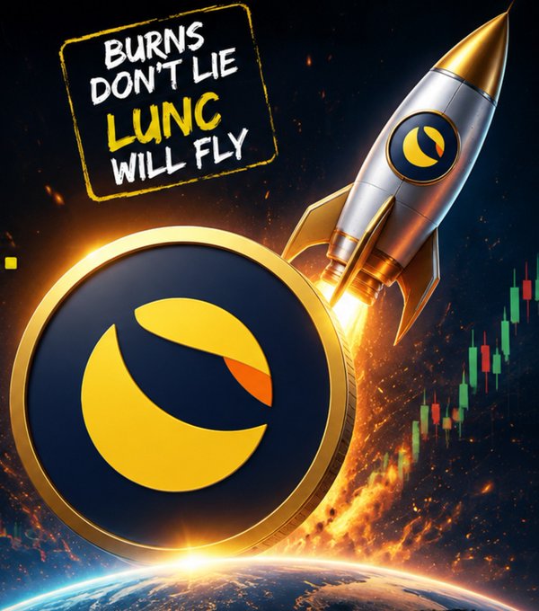 A digital graphic showing a gold and silver rocket with a yellow eye logo blasting off above Earth, accompanied by a text box reading 'BURNS DON'T LIE LUNC WILL FLY' and cryptocurrency candlestick charts.