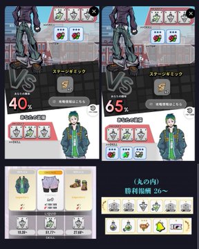 Japanese mobile game comparison screens showing character stats and equipment loadouts, with percentages 40% and 65% visible, labeled with terms like 'ステージミッション' and 'クマ肉' (bear meat) at the bottom.