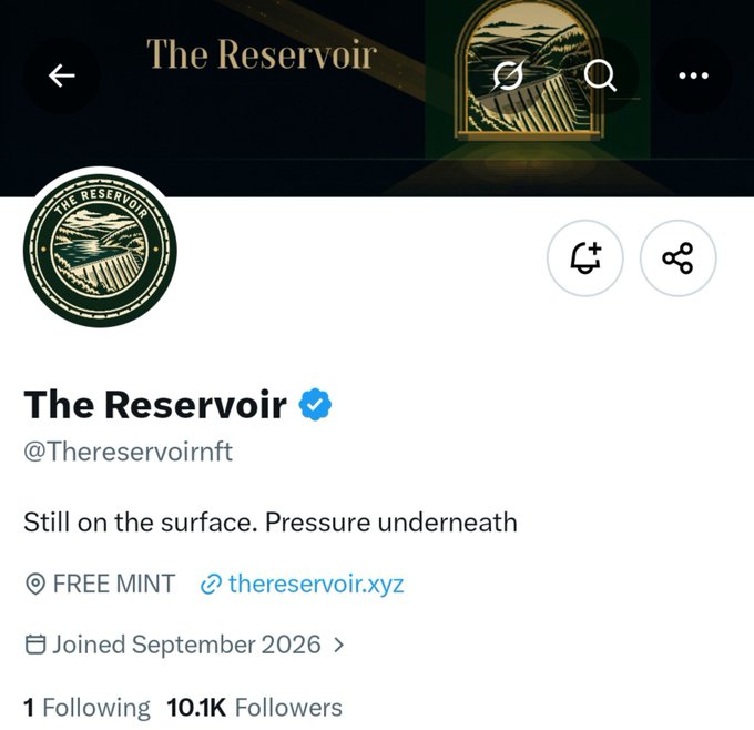 A Twitter/X profile page for 'The Reservoir' (@Thereservoirnft) shows a verified blue checkmark, the tagline 'Still on the surface. Pressure underneath', and indicates a 'FREE MINT' with 10.1K Followers.