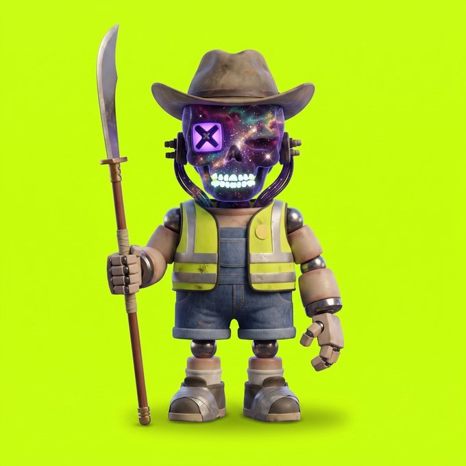 A 3D rendered character on a lime green background wearing a cowboy hat, yellow safety vest, denim shorts, and boots, with a galaxy/cosmic skull face featuring a purple X logo on its forehead, holding a scythe.