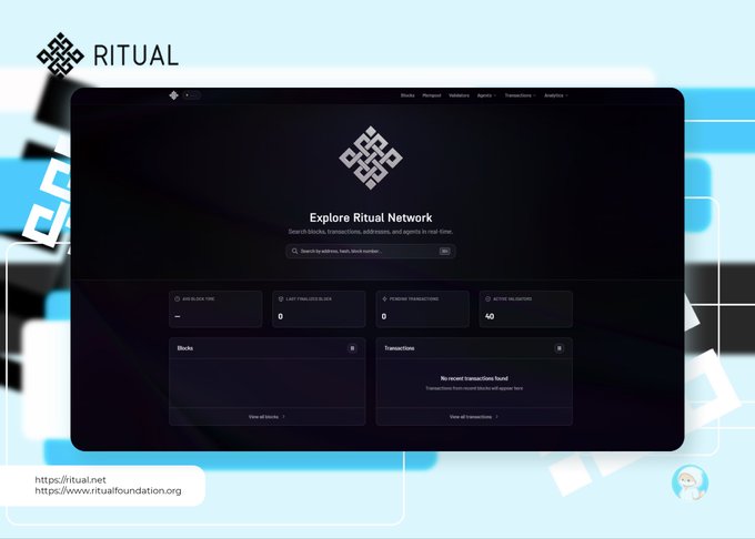 A screenshot of the Ritual Network blockchain explorer interface showing zero blocks, zero challenges, and zero transactions, with the URLs https://ritual.net and https://www.ritualfoundation.org visible at the bottom.