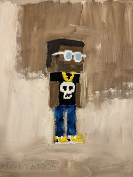 A stylized portrait of Meebit #7005 featuring a character with sunglasses, a black shirt displaying a skull, blue pants, and yellow shoes, set against a painterly brown and cream background that mimics the unfinished homage painting referenced in the caption. The bottom left corner displays the text "Meebit #7005."