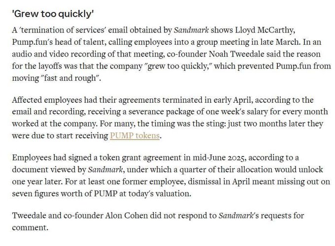 An article excerpt titled 'Grew too quickly' about Pump.fun layoffs, detailing termination emails and token grant agreements involving co-founders Noah Tweedale and Alon Cohen.