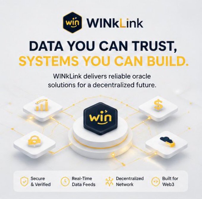 A promotional graphic for WINkLink featuring its hexagonal "win" logo at the center, surrounded by icons representing data, finance, security, and cloud connectivity. The tagline reads "DATA YOU CAN TRUST, SYSTEMS YOU CAN BUILD," highlighting the platform's role as a decentralized oracle solution for Web3, which directly supports the post's message about providing smart contracts with reliable external information.