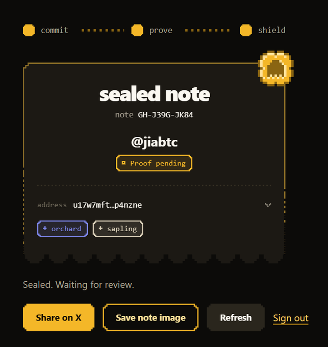 A screenshot of a 'sealed note' interface from a crypto platform showing note GH-J39G-JK84, address u17w7mft...p4nzne, with a 'Proof pending' status for user @jiabtc.