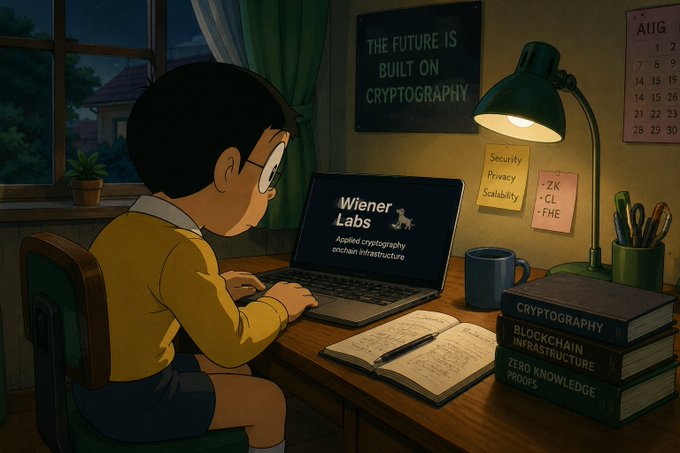 A cartoon-style illustration of a boy working on a laptop labeled 'Wiener Labs' and 'Applied cryptography enclave infrastructure', with a wall poster reading 'THE FUTURE IS BUILT ON CRYPTOGRAPHY' and books titled 'CRYPTOGRAPHY' and 'BLOCKCHAIN INFRASTRUCTURE' on the desk.