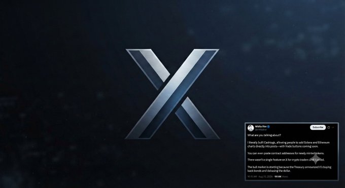 A dark graphic featuring a large metallic 'X' logo (representing the X social media platform) with an embedded tweet from @Milk: regarding the integration of Solana and Ethereum for crypto payments.