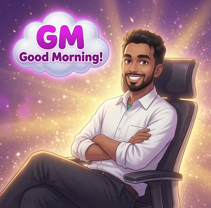 A cartoon-style illustration of a smiling man in a white shirt sitting in an office chair with arms crossed, beside a cloud graphic reading 'GM Good Morning!' against a sparkling purple background.