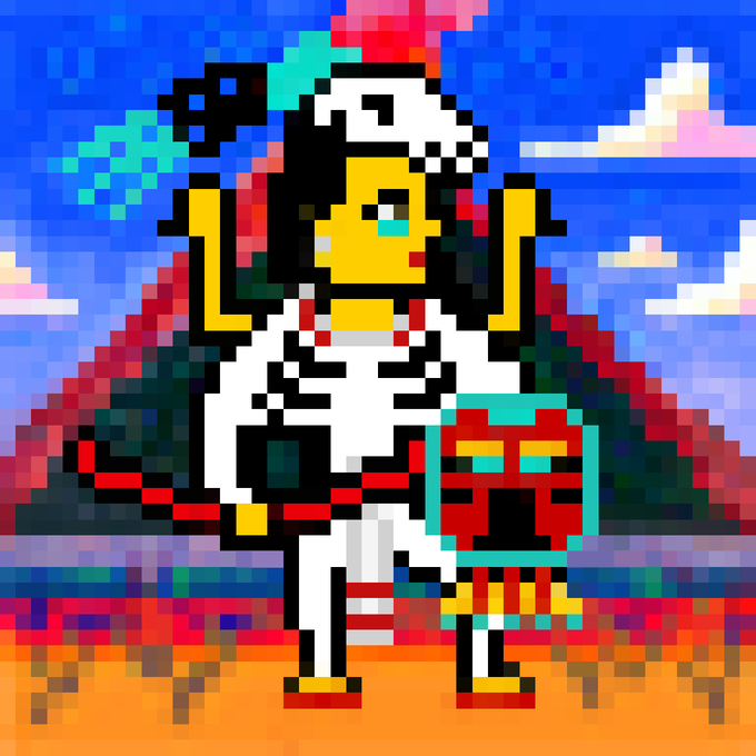 A pixel art character with yellow skin, wearing a white and red outfit and a feathered headdress, holding a green mask, set against a pyramid background.