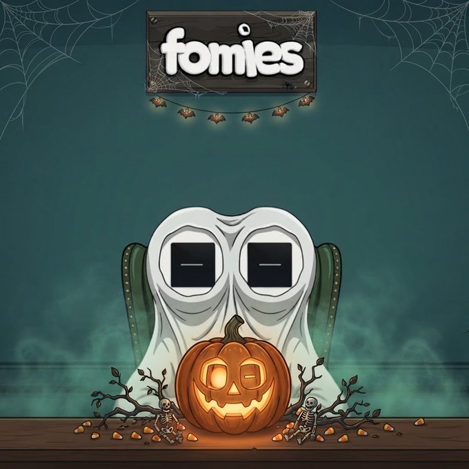 A cartoon Halloween scene featuring a ghost and a jack-o'-lantern with a 'fonfies' wooden sign above and small skeleton figures below.