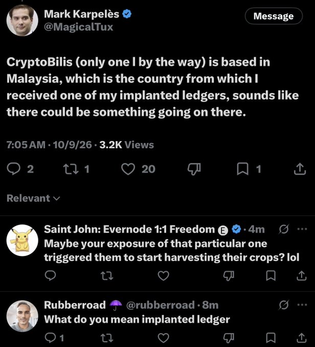 A tweet by Mark Karpelès (@MagicalTux) stating 'CryptoBilis (only one I by the way) is based in Malaysia, which is the country from which I received one of my implanted ledgers, sounds like there could be something going on there,' with replies from users below.