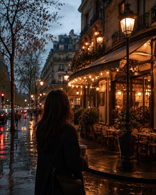 A woman with long dark hair stands on a rain-soaked Paris street at dusk, looking toward a warmly lit café adorned with string lights and classic street lamps.