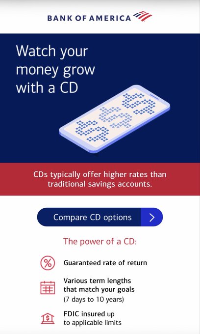 This Bank of America promotional graphic advertises Certificates of Deposit (CDs), highlighting key benefits: "Guaranteed rate of return," "Various term lengths that match your goals (7 days to 10 years)," and "FDIC insured up to applicable limits," with a call-to-action button to "Compare CD options."

The image contrasts "legacy finance" by showcasing traditional banking products (CDs with guaranteed returns, FDIC backing, fixed terms), which stands in stark opposition to the decentralized, yield-generating opportunities often discussed on Base (Coinbase's L2 blockchain). The juxtaposition highlights the slow-moving, heavily-regulated nature of legacy finance versus the agile, crypto-native alternatives on Base.