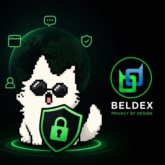 A promotional graphic for BELDEX featuring a pixelated white cat character holding a shield with a padlock, alongside the tagline 'PRIVACY BY DESIGN' on a dark background with green digital icons.