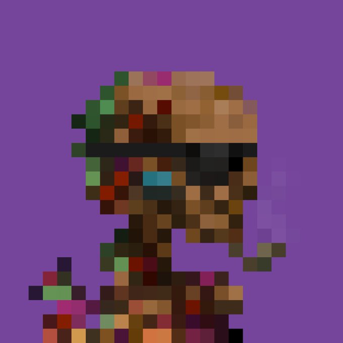 A heavily pixelated, low-resolution image of what appears to be a character in a brown, red, and green outfit against a purple background.
