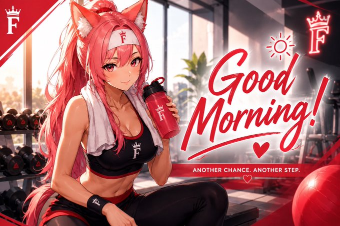 An anime-style character with pink hair and fox ears holds a water bottle in a gym, with the bold text "Good Morning! ANOTHER CHANCE. ANOTHER STEP." and the "FF" logo in the corners. The image serves as an upbeat motivational graphic paired with the post celebrating a day off work and the minting of 45.198 BTC (~$2.9M) by Xora Finance to replenish their BTC inventory on the XRP Ledger.