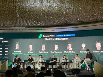 A panel discussion titled "The Price of Disruption" at an Avalanche event, "Glamma Prime," featuring speakers including Kim Pend, JT Law, Polik Gupta, Eric Wall, Murad Mahmud, Tony Li, and Charlie.