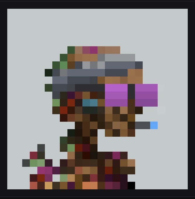 A heavily pixelated/mosaic-style artwork depicting a figure, where individual pixels appear in various colors creating a portrait-like image against a light gray background.