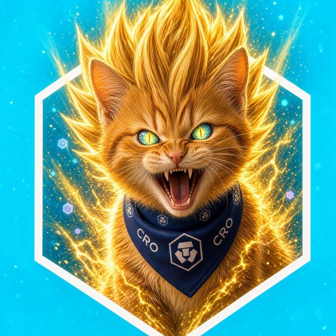 A vibrant digital artwork of a fierce orange tabby cat with glowing green eyes and a lightning-like golden mane, wearing a blue bandana with 'CRO' and geometric logos, set against a blue background within a white hexagonal frame.