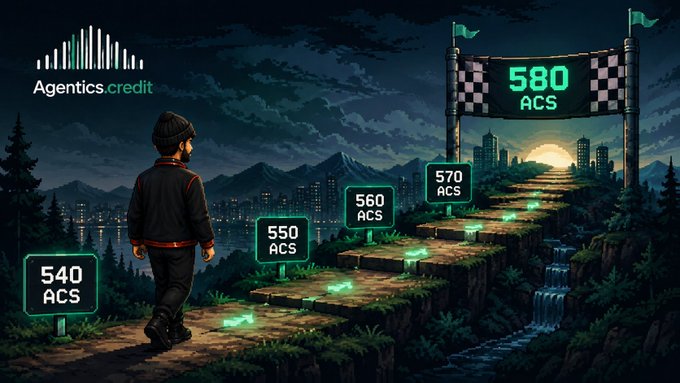 A digital illustration showing a person in a beanie approaching a mountain path with signposts displaying increasing ACS values (540, 550, 560, 570, 580 ACS), branded with the 'Agentics credit' logo in the corner.