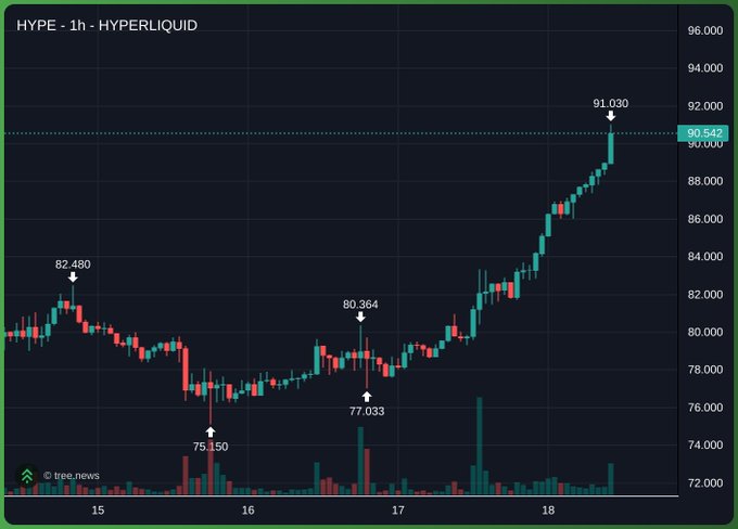 A 1-hour candlestick chart for HYPE/HYPERLIQUID showing price movement from approximately $75 to $91, with key levels marked at 75.150, 77.033, 80.364, 82.480, and 91.030, ending near $90.54.