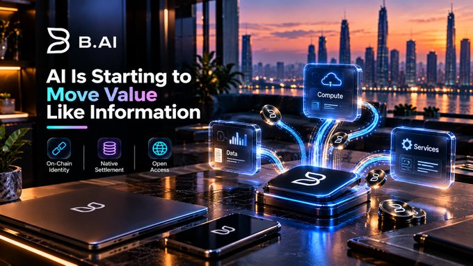 A digital promotional graphic for 'B.AI' reads 'AI Is Starting to Move Value Like Information' and highlights features including On-Chain Identity, Native Settlement, Open Access, with icons for Compute, Data, and Services.
