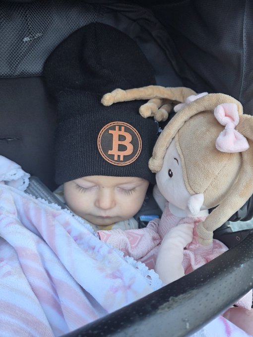 A sleeping baby wearing a black beanie with an orange Bitcoin logo sits in a car seat next to a stuffed monkey toy with a pink bow.