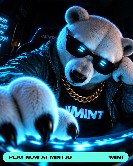 An advertisement features a cool, anthropomorphic polar bear wearing dark sunglasses, a gold chain, and a blue jacket, leaning over a glowing blue surface with text reading "PLAY NOW AT MINT.io".