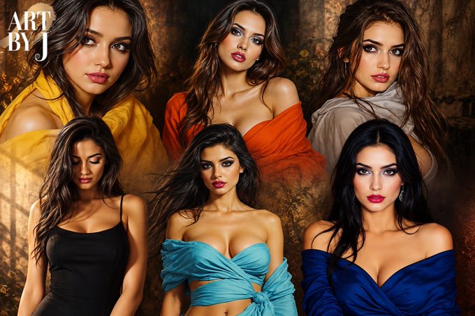 An AI-generated collage by 'ART BY J' showing six variations of a young woman with dark hair and red lipstick in different colored tops (yellow, orange, beige, black, teal, and blue).