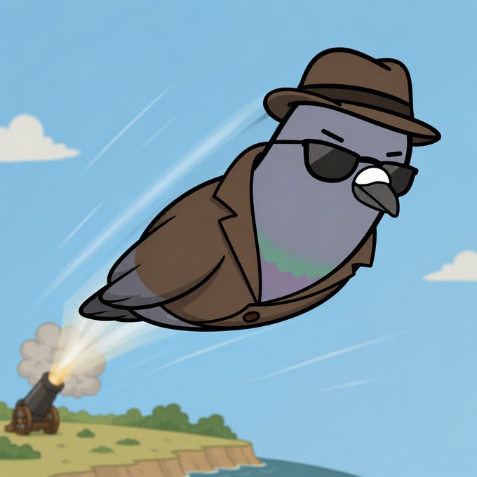 An illustrated cartoon pigeon wearing a brown fedora, sunglasses, and a trench coat is being launched from a cannon on a coastal cliff into a blue sky.