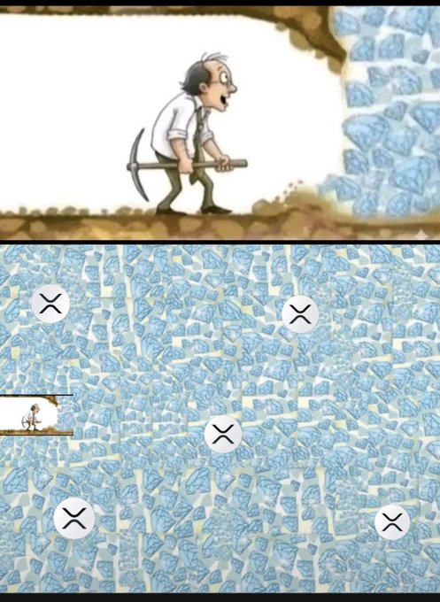 The image shows a cartoon miner digging through rock and ice, with the broader scene depicting a small miner dwarfed by massive glaciers marked with "X" symbols (representing XRP) scattered throughout. This visual metaphor illustrates the $XRP holder's struggle and persistence in mining through obstacles, symbolizing the long, grinding effort required before achieving the anticipated breakthrough.