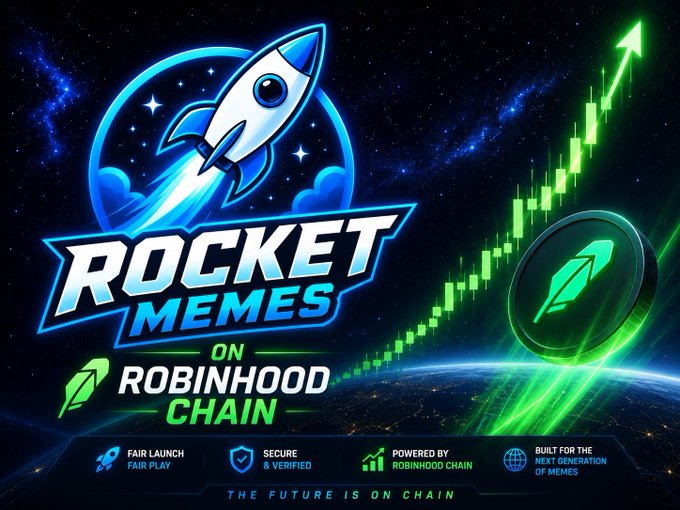 A promotional graphic features a rocket logo with the text 'ROCKET MEMES ON ROBINHOOD CHAIN', displaying green candlestick chart graphics rising alongside a feather icon coin, with features listed: 'FAIR LAUNCH FAIR PLAY', 'SECURE & VERIFIED', 'POWERED BY ROBINHOOD CHAIN', and 'BUILT FOR THE NEXT GENERATION OF MEMES', captioned 'THE FUTURE IS ON CHAIN'.