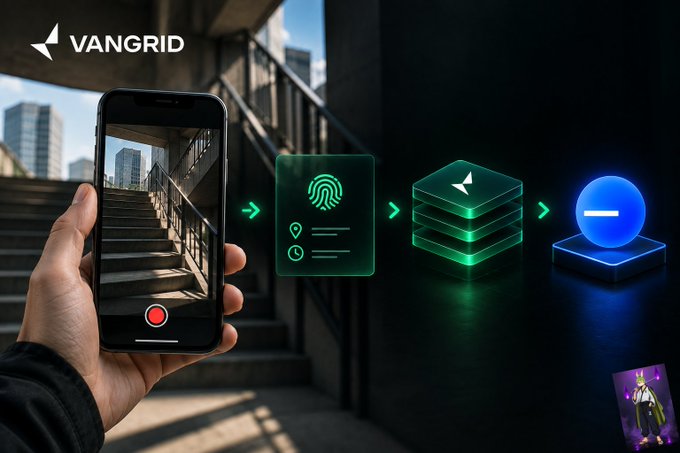 A hand holds a smartphone capturing a stairwell, with the VANGRID logo displayed, alongside a flowchart showing a fingerprint and data icon connecting to layered verification stacks and a final blue sphere—visually illustrating how Vangrid transforms phone captures into verified, tamper-proof spatial data.