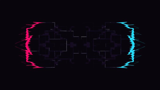 A dark, symmetrical digital abstract graphic featuring glowing pink spikes on the left and cyan spikes on the right, connected by faint geometric lines.