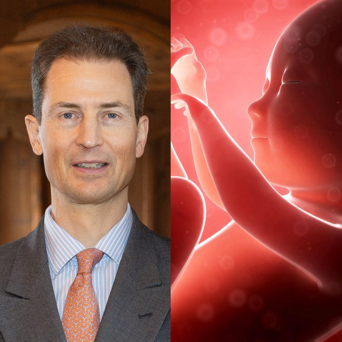 A split image showing a professional portrait of a man in a suit and orange tie on the left, contrasted with a red-toned digital illustration of a fetus in the womb on the right.