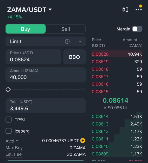 A cryptocurrency trading interface showing a ZAMA/USDT buy order at 0.08624 USDT with the price up +4.15%, including an order book and iceberg option.