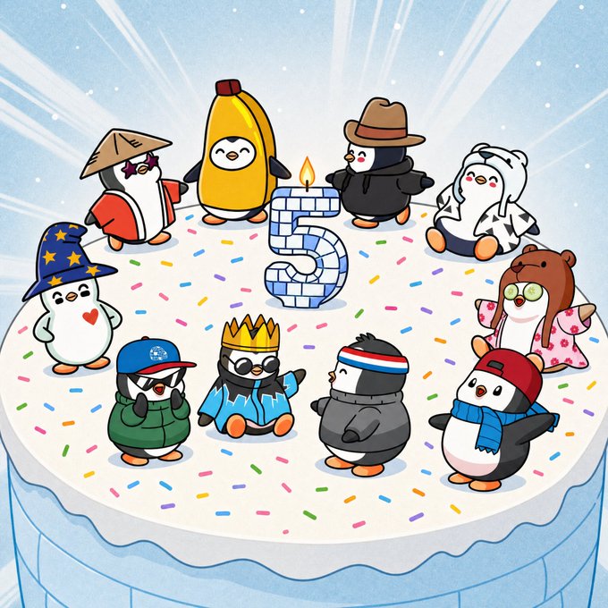 Cartoon illustration of various penguins in different costumes gathered around a number 5 candle on a birthday cake.