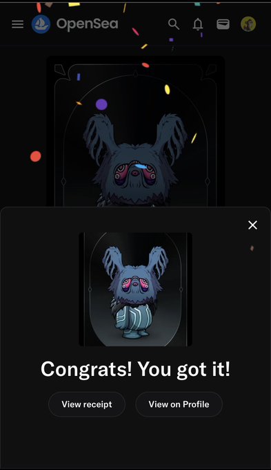A screenshot of the OpenSea website on a mobile device shows a 'Congrats! You got it!' notification pop-up celebrating the purchase of a blue, cartoonish NFT character.
