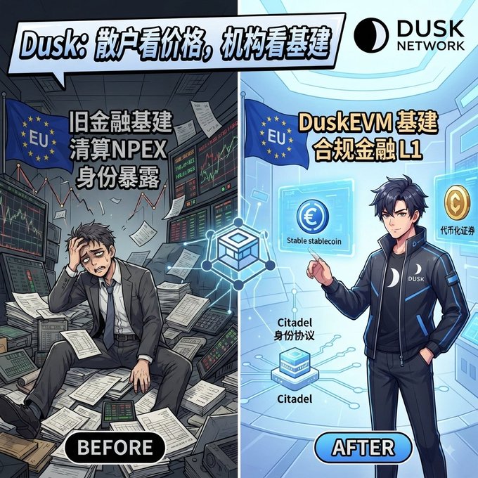 A 'BEFORE / AFTER' advertisement for 'DUSK NETWORK' contrasting old financial infrastructure with their new 'DuskEVM' compliant Layer 1 blockchain.
