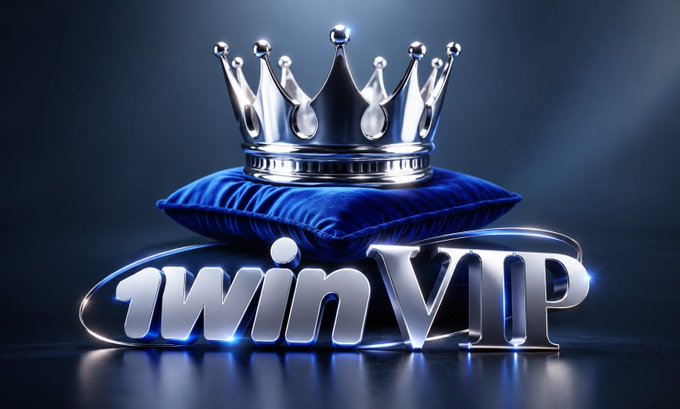 Promotional graphic for 1win VIP featuring a silver crown on a blue velvet cushion above metallic '1winVIP' lettering.
