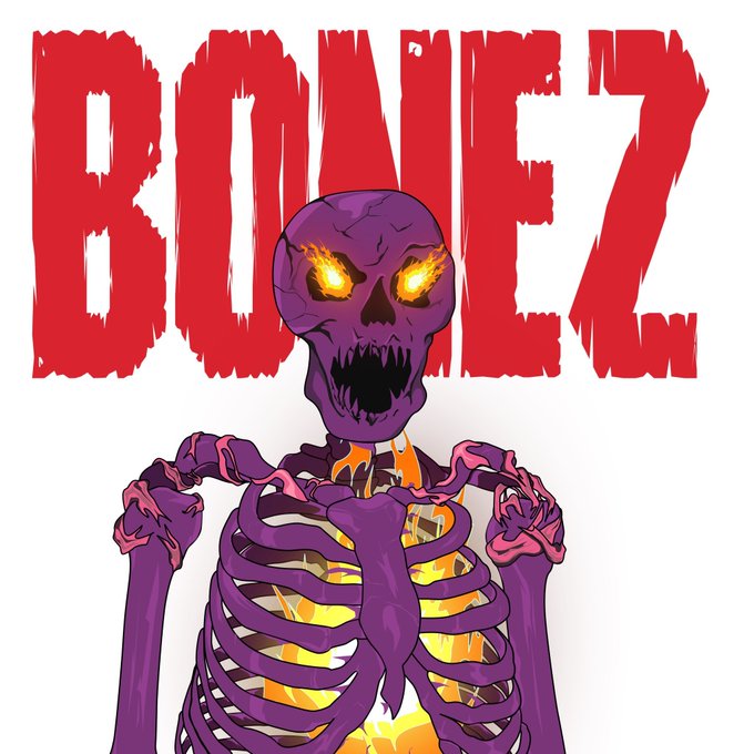 An illustration of a purple skeleton with glowing yellow eyes and fiery chest against a white background, with the word 'BONEZ' in large red distressed text.