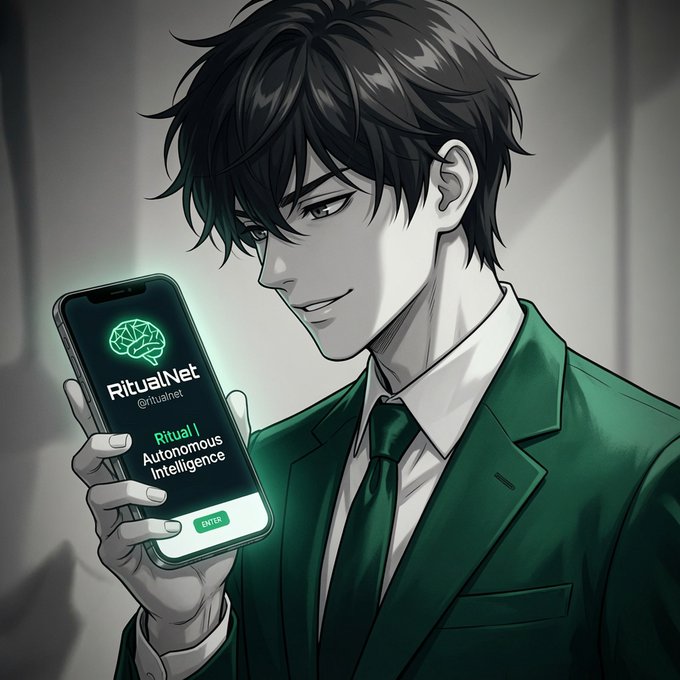 An anime-style illustration of a young man in a green suit holding up a smartphone displaying 'RitualNet' app with a brain logo and 'Autonomous Intelligence' text.
